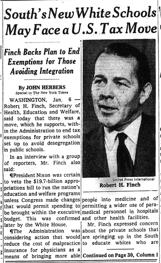 click to see item South's New White Schools May Face a U.S. Tax Move