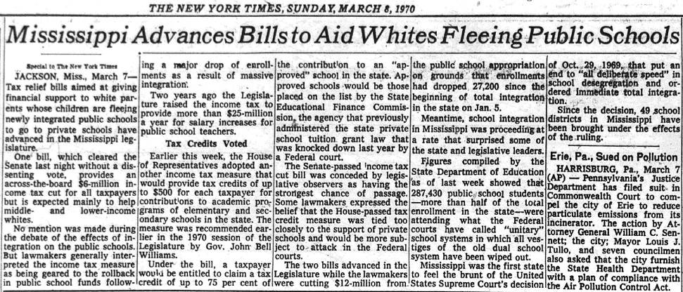 click to see item Mississippi Advances Bills to Aid Whites Fleeing Public Schools